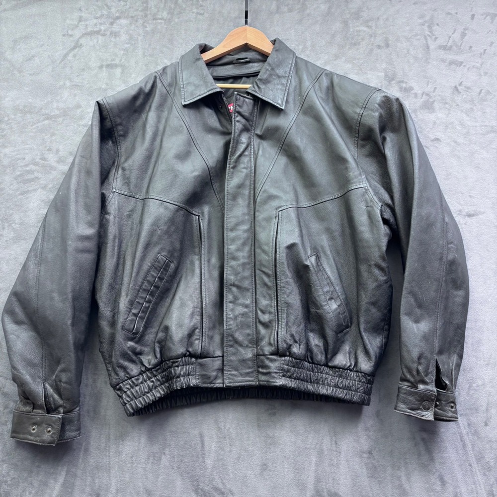 Phase 2 Mens Vintage Black Leather Bomber Jacket Size 2X Heavyweight Full Zip